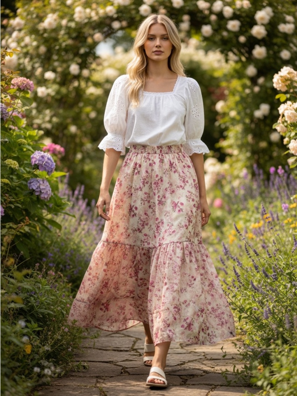 Cottagecore Cream Skirt with Pink Floral Print